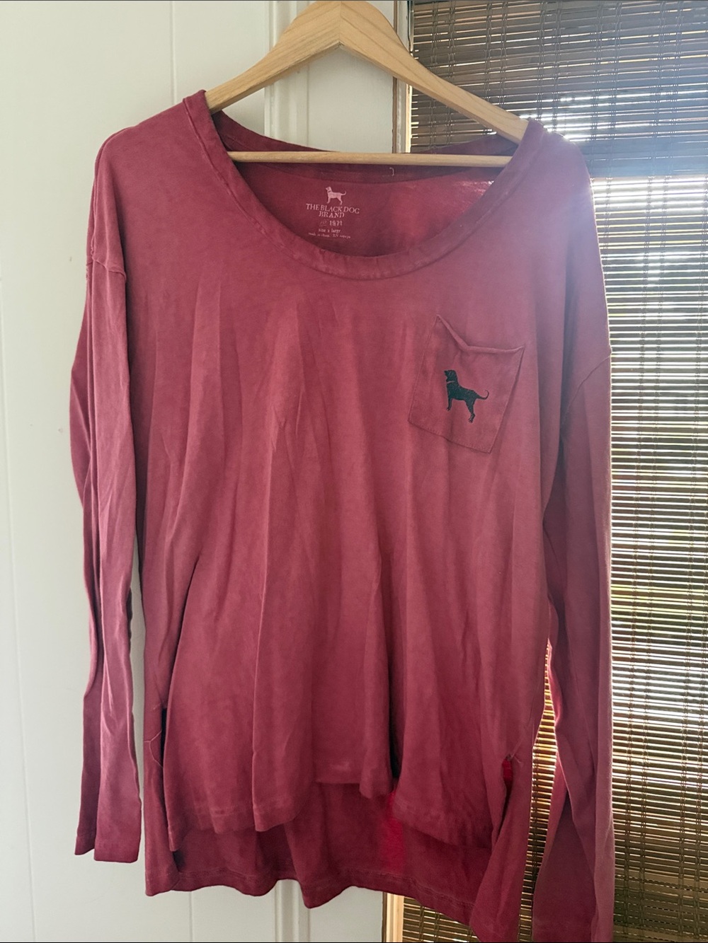 The Black Dog washed red Long Sleeve Pocket Tee with Dog Embroidery